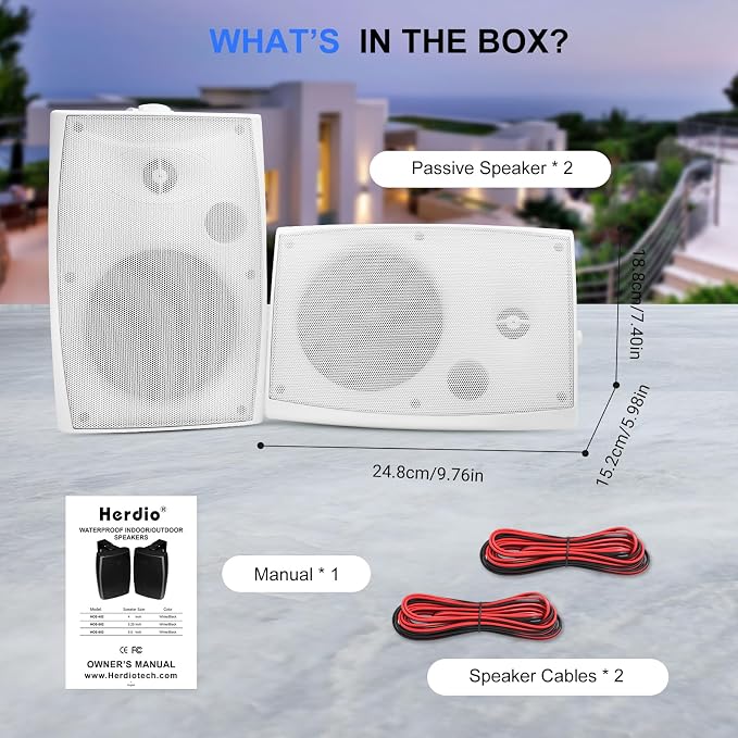 Herdio 5.25" Passive Outdoor Speakers Waterproof Wired, 300W Wall Mount Speakers with Superior Sound,Dual Swivel Brackets for Patio/Deck/Backyard (Pair, White)