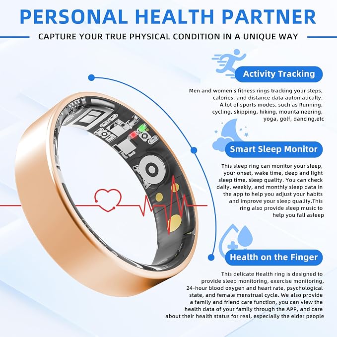 Smart Ring | No Subscription Fitness & Health Tracker Gold Size7 | 5ATM waterproof, 5day battery, Fitness & heart rate & SpO2 & pressure tracker, iOS & Android compatible, family care