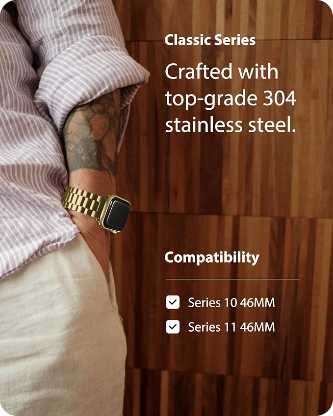 Fullmosa Metal Band Compatible with Apple Watch Bands Series 11 10 46mm, Stainless Steel Strap iWatch Band with Case for Apple Watch, Golden