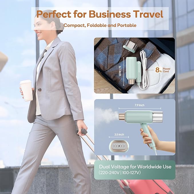Newbealer Pro Business Travel Steamer, 1200W Dual Voltage, 180ml (Green) | Foldable & 20s Fast Heat, 360° Anti-Spill Garment Steamer, Solid 1.72 lbs, Auto-Off, for Global Business Trip/Hotel/Office