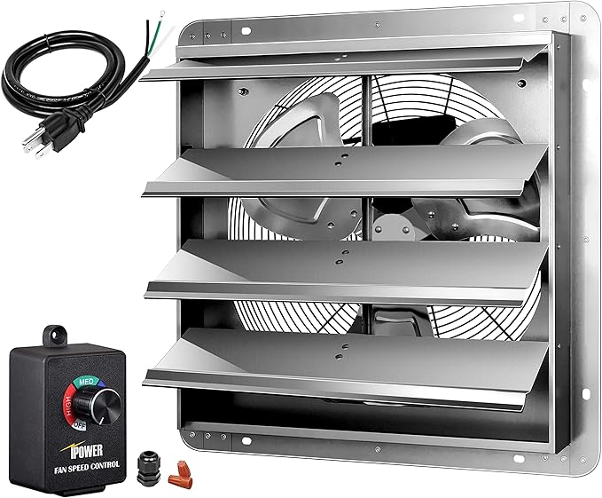 Simple Deluxe 18 Inch Wall Mounted Shutter Exhaust Fan with Speed Controller and Power Cord Kit, Aluminum, 1400 RPM, 2000 CFM, for Greenhouse, Attic, Garage, Louvered Vent, Plant, Silver