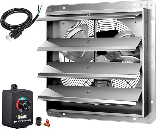 Simple Deluxe 18 Inch Wall Mounted Shutter Exhaust Fan with Speed Controller and Power Cord Kit, Aluminum, 1400 RPM, 2000 CFM, for Greenhouse, Attic, Garage, Louvered Vent, Plant, Silver