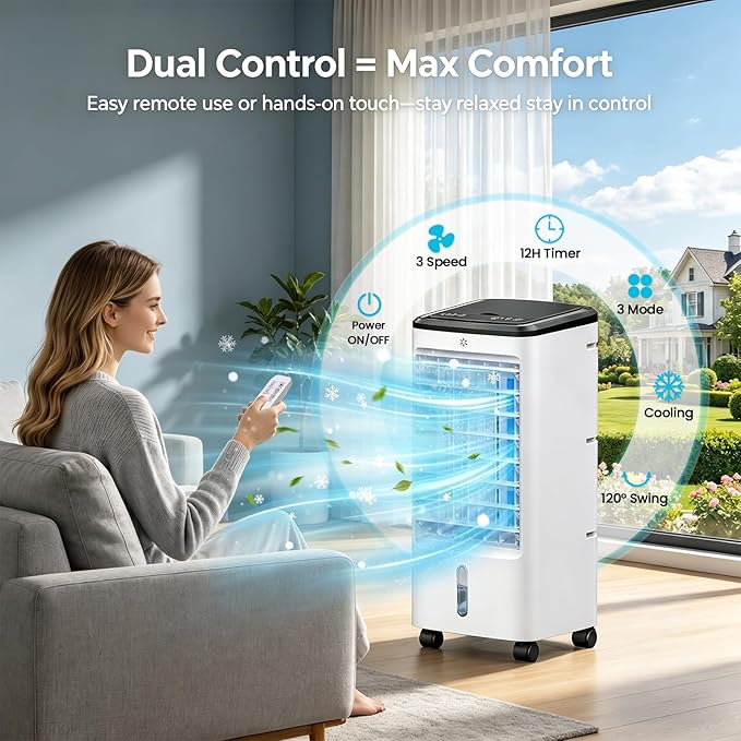 Windowless Air Conditioner, Portable Swamp Cooler with 2 Water Tanks, 4-in-1 Evaporative Air Cooler with Remote, 4 Modes 3 Speeds, 12H Timer, 4 Ice Packs, Ventless Cooling Fan for Room Home Office