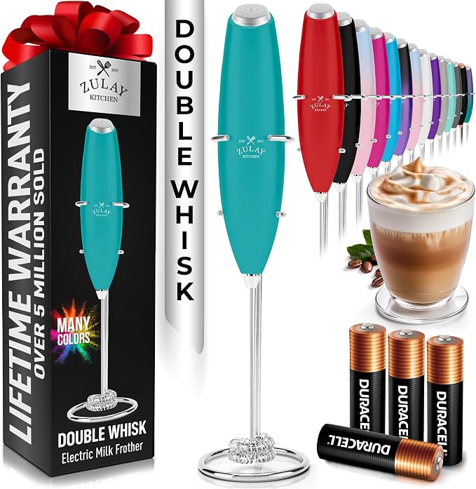 Zulay Kitchen Powerful Milk Frother Wand With Duracell Batteries - Ultra Fast Handheld Drink Mixer - Electric Whisk Foam Maker for Coffee, Lattes, Cappuccino & Matcha - Double Whisk - Caribbean Aqua