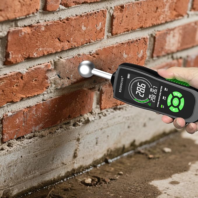 RDINSCOS Ball Probe Moisture Meter Non-Invasive Digital Moisture Detector | 5-40mm Depth Moisture Tester for Wood, Wall, Custom Alarm Threshold, Flashlight LCD Screen for Basement Inspection