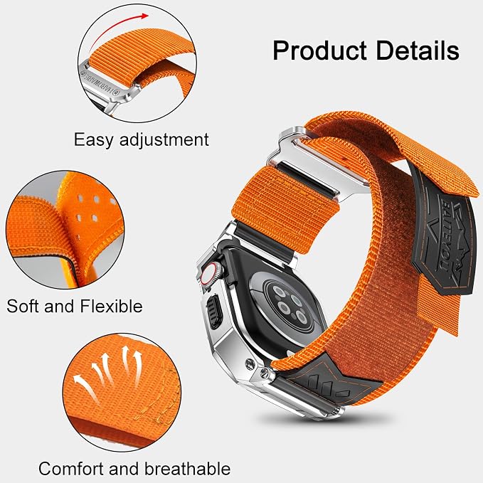 BAITEYOU Band with Case Compatible with Apple Watch Band Series 9 8 7 (41mm) 6 5 4 SE 3 2 1 (40mm 38mm), Nylon Strap with Stainless Steel Metal Rugged Case Cover for iwatch Bands for Men