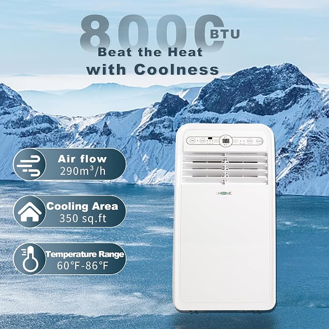Uhome 8000 BTU Portable Air Conditioner, with Cooling, Dehumidifier, Fan, Remote Control and Window Mount Kit Included, White, 24H Timer