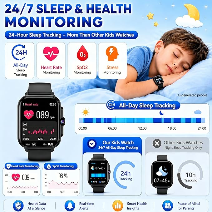 Smart Watch for Kids, 1.85" Fitness Tracker with Camera, Game, Music, SOS, AI, Alarm Clock, Video,Parent Control, 24/7 Heart Rate Sleep Monitor, 100+ Sport Modes, IP68 Waterproof, Gifts for Boys Girls