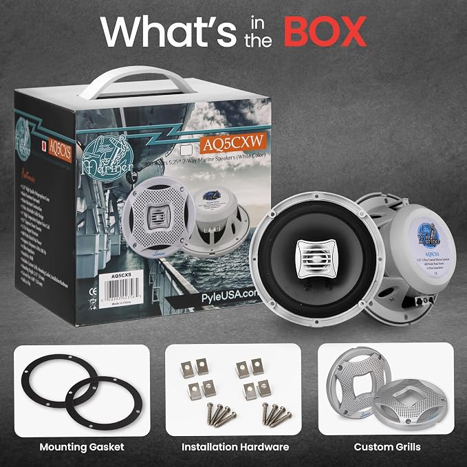 Pyle LANZAR 5.25” Marine 2-Way Speakers - Water Resistant Audio Stereo Sound System with 400 Watt Power, Attachable Grills and Resin Treatment for Indoor and Outdoor Use - 1 Pair in - AQ5CXS (Silver)