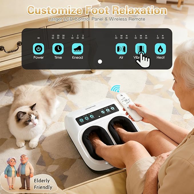 veicomtech Foot Massager with Heat, Electric Foot Massager Machine for Plantar Fasciitis Neuropathy with Remote Control, Adjustable Vibration and Compression(White)