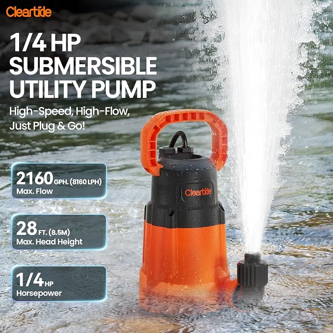 Cleartide Submersible Utility Water Pump, 2160 GPH Portable Sump Pump with Copper Motor, Plug and Work for Pond, Garden Watering, Pool Transfer, or Hot Tub Emptying