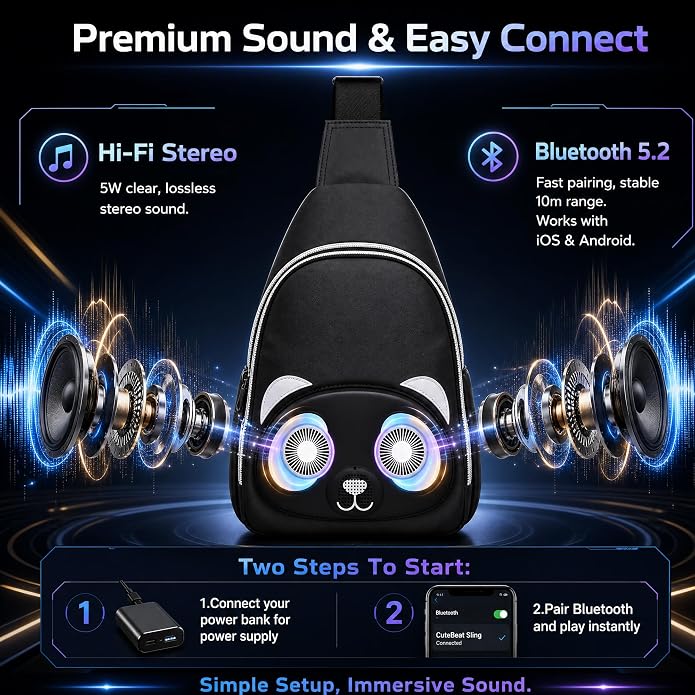 Portable Bluetooth Speaker Bag with Music-Sync LED Lights, Lightweight WaterResistant Crossbody Sling Bag for Men