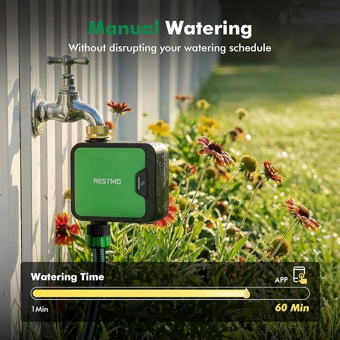RESTMO Smart WiFi Water Timer for Garden Hose, Sprinkler Timer with APP Control & Brass Inlet, Rain Delay/Manual/Automatic Watering System, Quantity or Timed Irrigation Modes for Misting, Garden