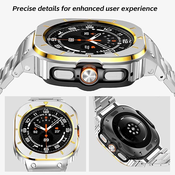 SUPLINK Stainless Steel Case and Band Compatible with Samsung Galaxy Watch Ultra Bands 47mm(2025/2024), Rugged Protective Case Bumper Metal Bands for Samsung Ultra Watch Band Men, Silver Gold