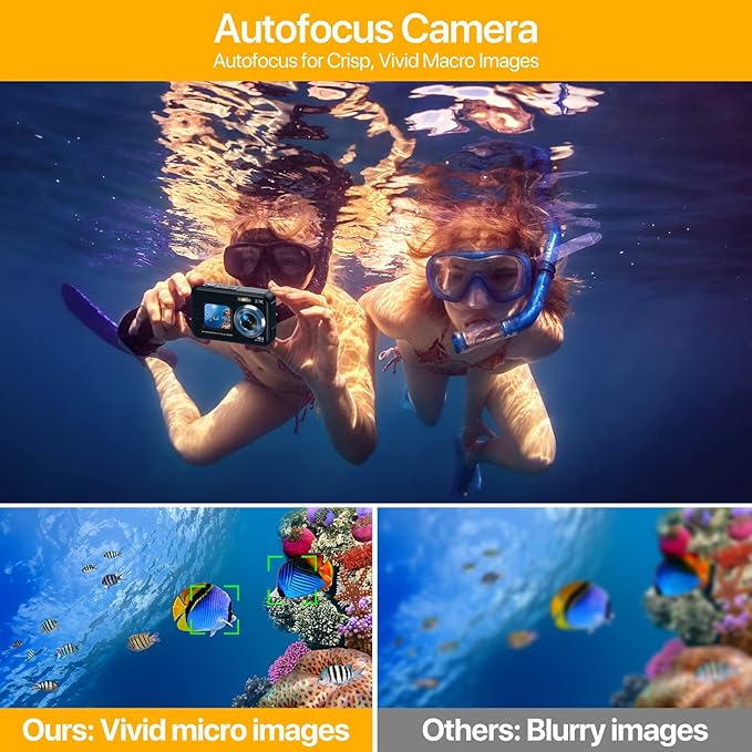 4K Underwater Camera with 64GB Card, 11FT Waterproof Camera Dual-Screen Selfie Underwater Cameras for Snorkeling 16X Digital Zoom Waterproof Digital Camera 2 Batteries (Black)