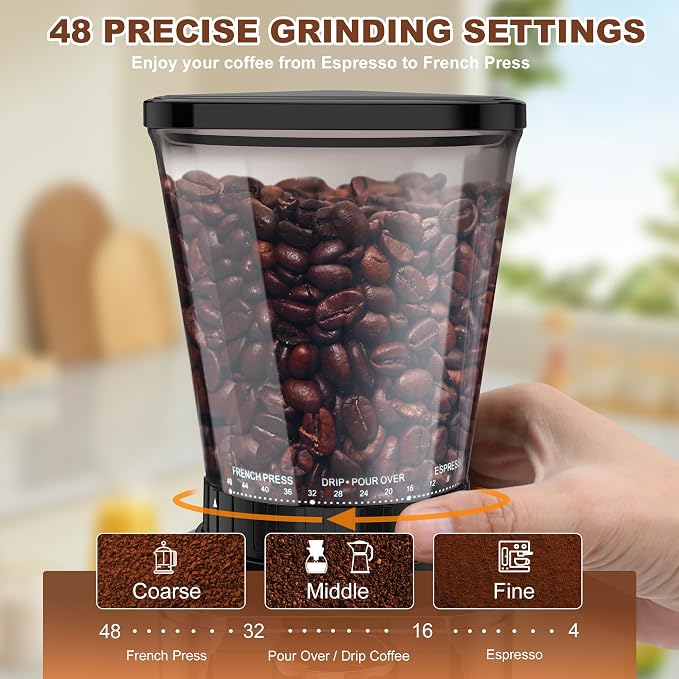 Conical Burr Coffee Grinder Electric, Espresso Coffee Bean Grinder for Home Use Adjustable 48 Grind Settings, 35s Precision Timer, Stainless Steel, Anti-Static for Pour Over/Drip/French Press