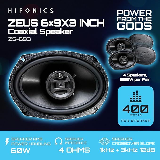 Hifonics Zeus ZS-693, 800 Watt 6 x 9 Inch 3 Way Car Audio Coaxial Speakers, 2 Pairs, Black