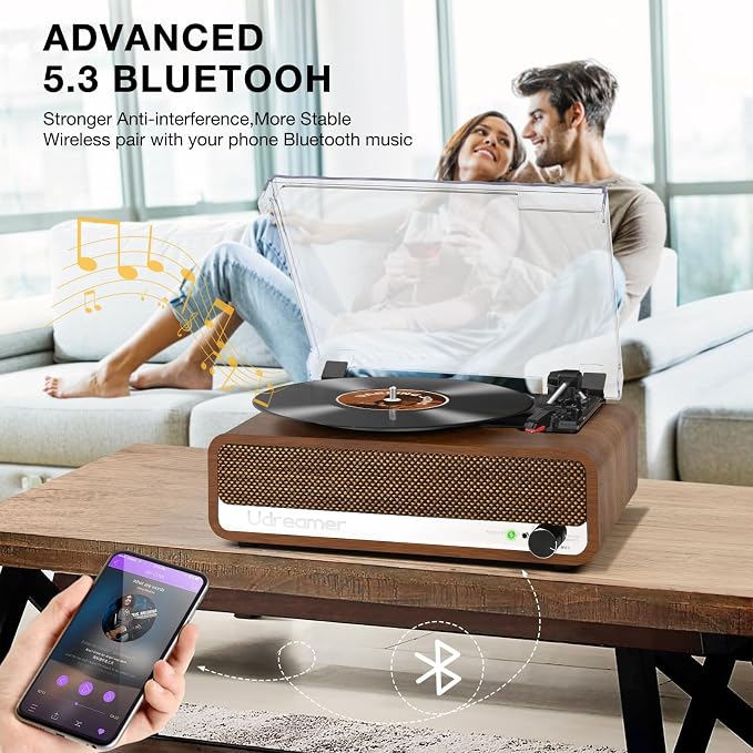 Vinyl Record Player with Speakers,3 Speed Turntable with Bluetooth, Aux, Headphone Jack, RCA Output and Auto Stop,Mirror Vintage Wooden Walnut