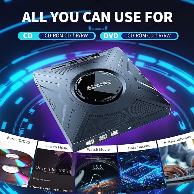 External CD/DVD Drive for Laptop/PC, USB 3.0 Type-C USB Portable Player for Computer CD DVD +/-RW Disk Drive CD Burner Writer Reader Compatible with Desktop Windows Apple (Multifunctional)