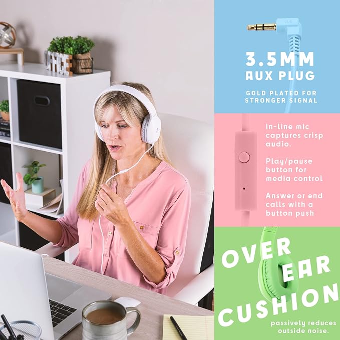Sonitum Bulk Kids Headphones for School with Microphones - 5-Pack On-Ear 3.5mm Wired Headphones for Schools -Comfy Wired Kids Headphones with in-Line Mics – School Headphones for Kids