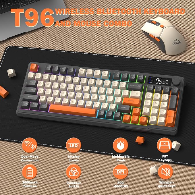 ZIYOU LANG T96 Wireless Gaming Keyboard and Mouse Combo,Dual Bluetooth//2.4G RGB Backlit Mechanical Feeling Keyboard with Smart Display & Knob,4000 DPI Gaming Mouse for PC Laptop Mac Wins-Shimmer