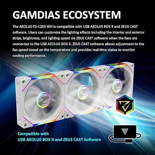 GAMDIAS AEOLUS P2-1203 120mm ARGB PWM Fan (3 Pack, no Hub), Include Reverse Fan Blade x3 & Controller, ARGB Sync, Easy Installation & Cabless Daisy-Chain Design, Silent Operation, Up to 2400RPM, White