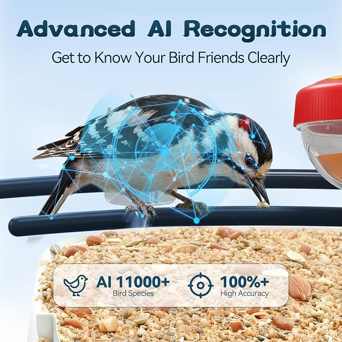 Smart Bird Feeder with Camera-AI Identify 11,000+ Species, 2K HD Auto Capture Birds Video & 64G TF Card, Solar-Powered Wireless Outdoor Design, Birdhouse with Built-in Two-Way Microphone