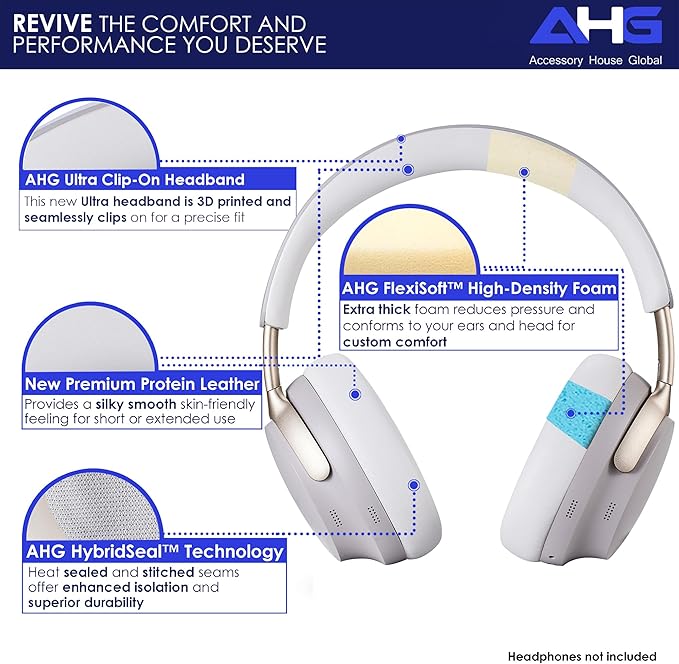 AHG Accessory House Global QC Ultra Replacement Ear pad and Headband Pad Kit Cushion Compatible with Bose QuietComfort Ultra Wireless Headphones. (AHG-QUIETCOMFORT-Ultra-Combo-White-Smoke)