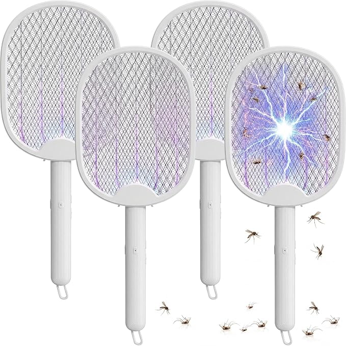 4 Pcs Foldable Electric Fly Swatter 2 in 1 Mosquito Swatter 1200mah Battery Rechargeable Bug Zapper Racket USB Handheld with 3 Layer Safety Mesh for Camping Backyard Patio Travel Home Office