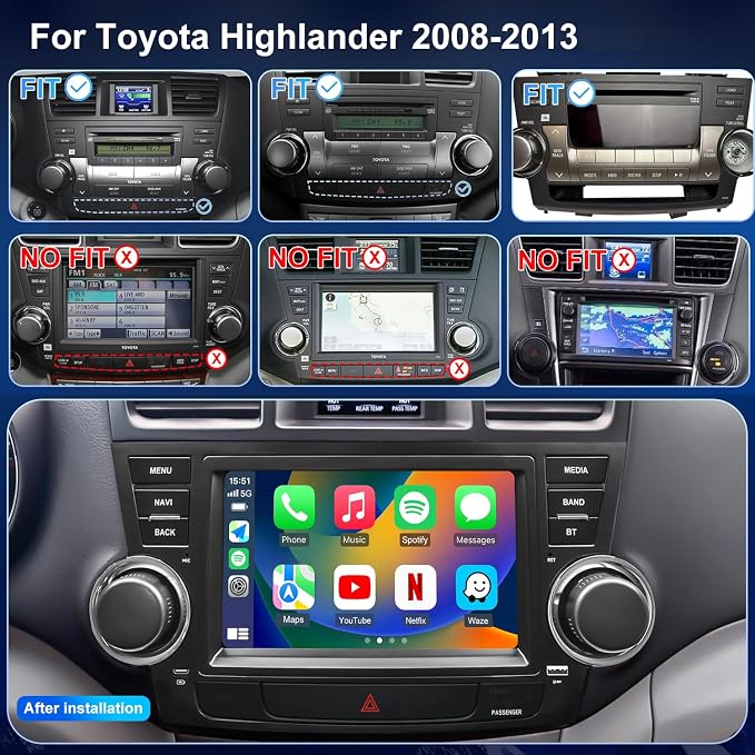 4Core 64G 5GWiFi Upgrade Car Radio for Toyota Highlander 2008-2013, Car Stereo Bluetooth Head Unit 8inch Touch Screen Radio Wireless Carplay Android Auto Backup Camera GPS FM （Only Fit Small Screen）