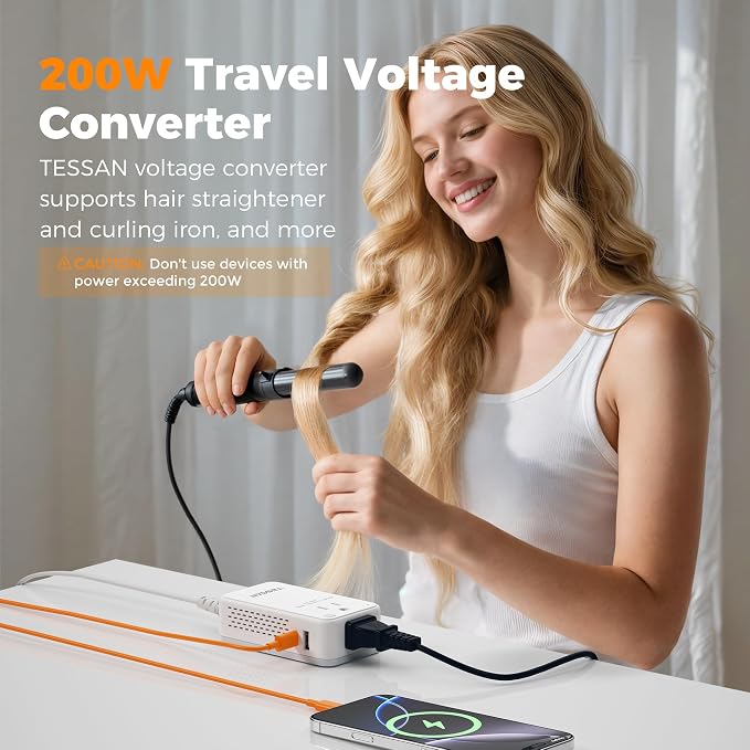 TESSAN Compact 220V to 110V Voltage Converter US to Europe, Universal Travel Adapter with 2 AC Outlets and 2 USB (1 USB-C), 200W Small Power Converter with EU/UK/AU/IT/India Plugs for Travel