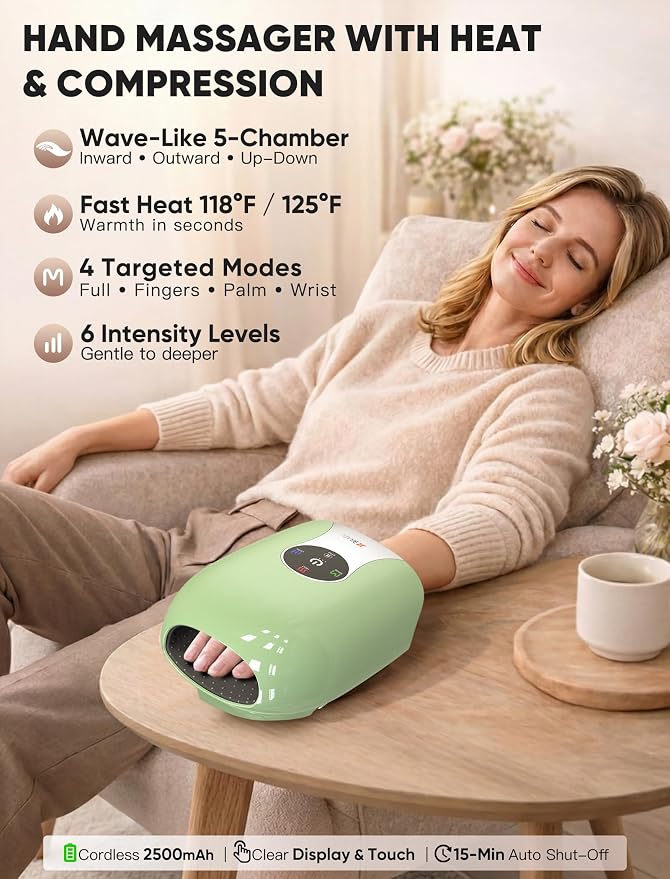 JZBRAIN Hand Massager with Heat and Compression: Cordless Heated Hand and Wrist Massager for Palm, Fingers, and Comfort Relief 4 Modes 6 Intensities, Portable Rechargeable