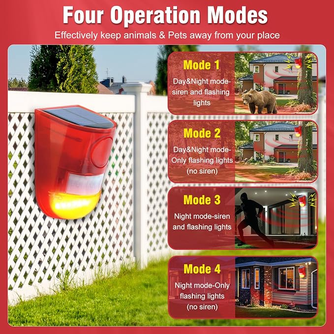 ChunHee Solar Outdoor Motion Sensor Alarm 4 Working Mode Motion Activated Alarm 129dB Loud Sound Noise Maker IP65 Waterproof Motion Detector with Strobe Light for Garden Yard Farm Home 2PC