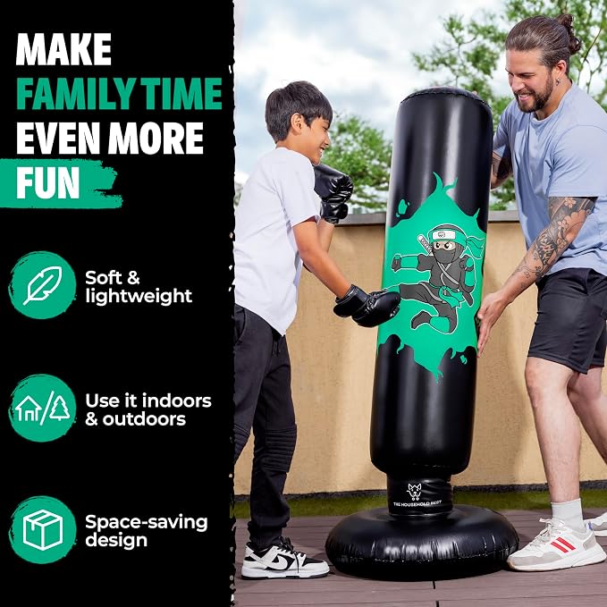 THB Punching Bag for Kids - Inflatable Punching Bag with Boxing Gloves for Kids Age 3-8, 63” Ninja Boxing Bag with Electric Air Pump to Practice Taekwondo, Karate, MMA, Bouncing Back