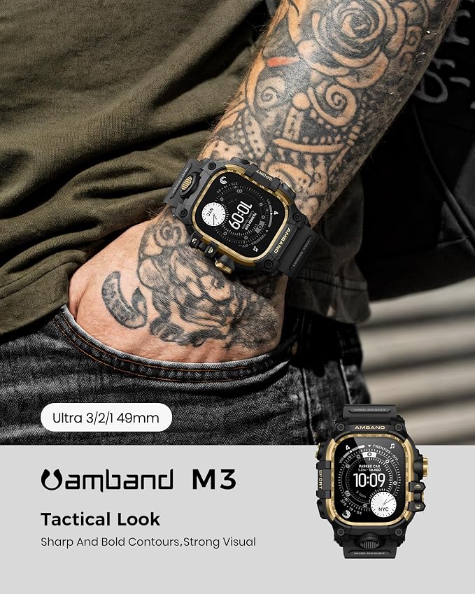 amBand Rugged Case with Band for Apple Watch Ultra 3/2/1 49mm, M3 Military Grade Shockproof Cover, Includes Screen Protector Kit, Tactical Band for Men - Compatible with iWatch Ultra, Black Gold