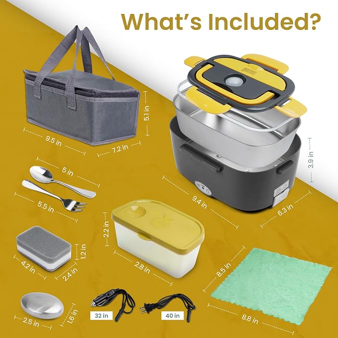 80W Electric Lunch Box for Adults - Heated Lunch Box & Portable Food Warmer with 1.5L Stainless Steel Container | 12V/24V/110-220V Lonchera Eléctrica Portátil for Car, Truck & Office - Grey