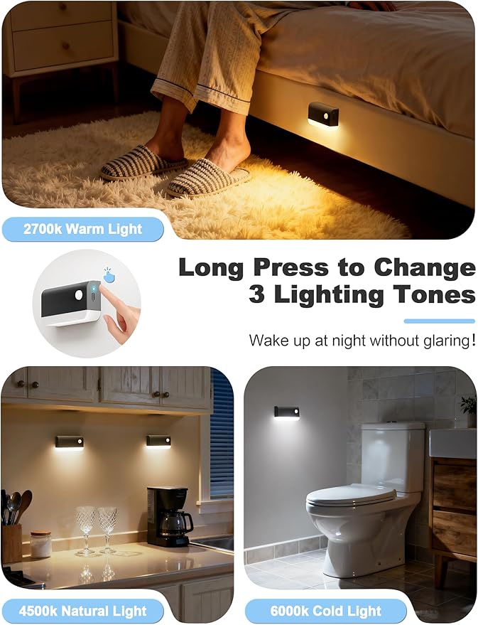 VOLISUN Motion Sensor Night Light, Rechargeable Stair Lights Indoor, Battery Operated Night Light for Hallway, Stairway, Bathroom, Bedroom, Kitchen, 3 Modes & 3 Color Temperatures(8 Pack Black)
