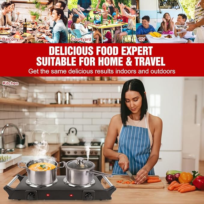 2000W Hot Plate Electric Stove, Portable Cooking Stove w/Cooling Handle, 5 Levels of Adjustable Temperature, Countertop Burners Dual Coil Burner for Home RV Camping, Fits All Cookware