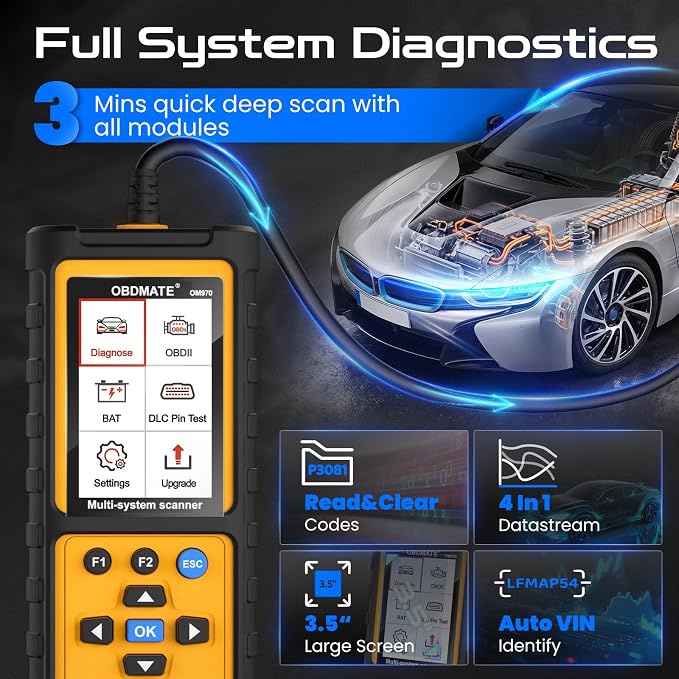 Full-System OBD2 Scanner Car Diagnostic Tool with ABS SRS Transmission Etc | Read & Clear Fault Codes; Read Live Data; Battery Voltage Test; Free Upgrade; Works for Cars and Trucks Since 1996