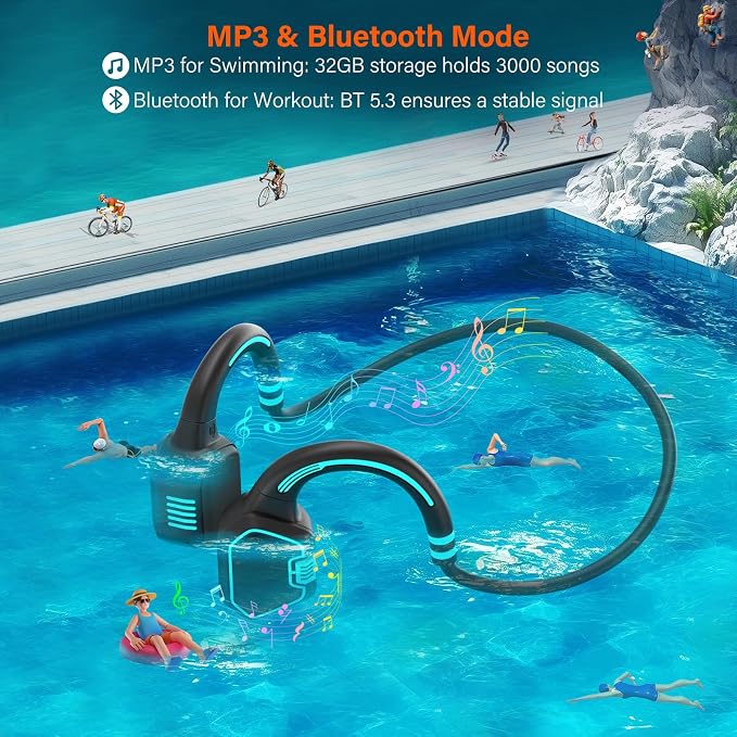 Bone Conduction Headphones Swimming Headphone - IP68 Waterproof Open Ear Headphones with MP3 Play 32G Memory Inductive Wireless Bluetooth Sports Headset for Running Swimming (Grey)