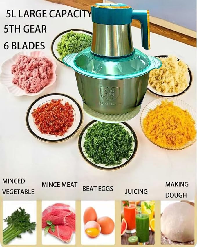 5L Electric Meat Grinder and Chopper, 500W Stainless Steel Processor with 5 Speeds, 6 Blades, Safety Lock, Overheat Protection, for Meat, Vegetables, Garlic, Nuts and Purees