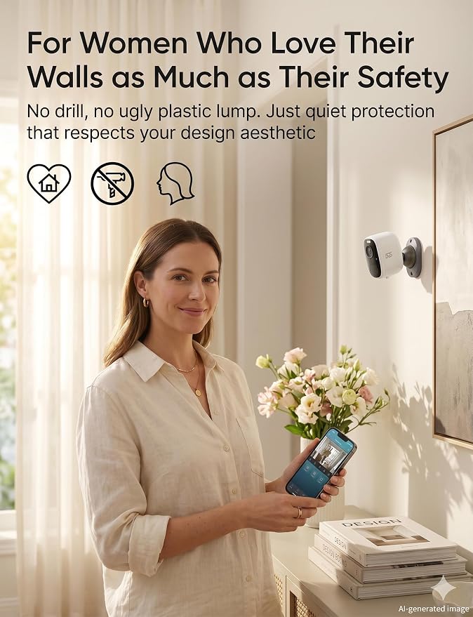 DCT Magnetic Security Camera Outdoor: 10s 3M No-Drill Mount – for Renters | | 8-Level Windproof with Drill-Like Stability – Peace of Mind at Front Door/Backyard/Garage – Wireless Easy Setup