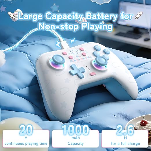 Kuitmor Cinnamoroll Switch Pro Controller, Cute Hall Effect Wireless Gamepad No Drift for Switch 2/Switch/OLED/Lite, PC/Steam, Android, iOS, Bluetooth + Wired, Turbo, Back Buttons, 6-Aixs Gyro, Wake-up, RGB (Blue, Without 2.4g Receiver)