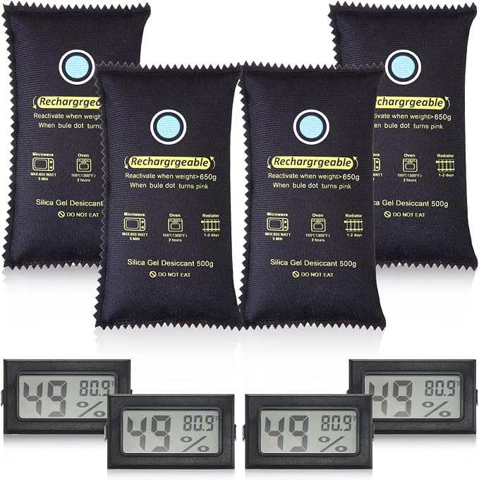 Tellegloww 8 Pcs 500 Grams Rechargeable Silica Gel Desiccant Packets with Mini Digital LCD Hygrometer Thermometers Dehumidifier Bag for Gun Safe Closet Basement Car Storage Clothes Moisture Absorber