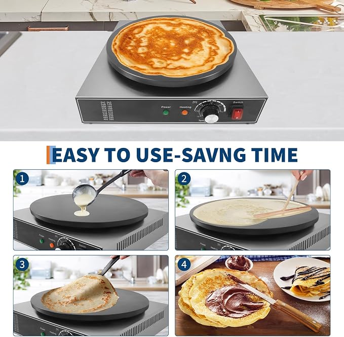 16 Inch Commercial Crepe Maker, Non-Stick Electric Crepe Machine with Precise Temp Control and Indicator Lights for Home and Restaurant,1750 w,110 v