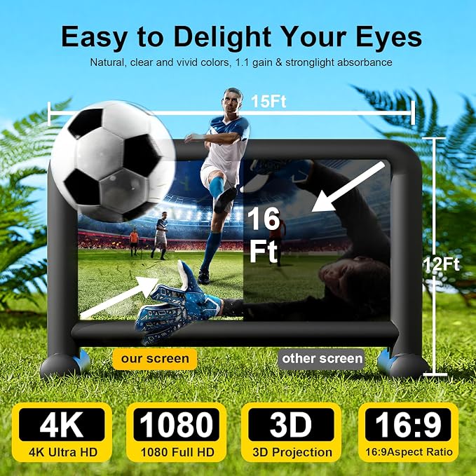 Inflatable Projector Screen 16Ft Outdoor Inflatable Movie Screen with Air Blower Storage Bag, Dual Sided Projection, Easy Set Up Blow Up Screen for Outside Backyard Movie Night, Pool Party