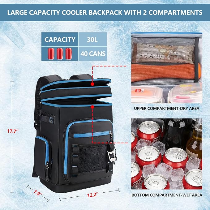 Backpack Cooler,40 Cans Cooler Backpack Insulated Waterproof&Leak Proof,Soft Cooler Bag with 2 Compartments for Men&Women,Picnic Backpack Ice Chest for Camping Hiking Fishing Lunch Beach