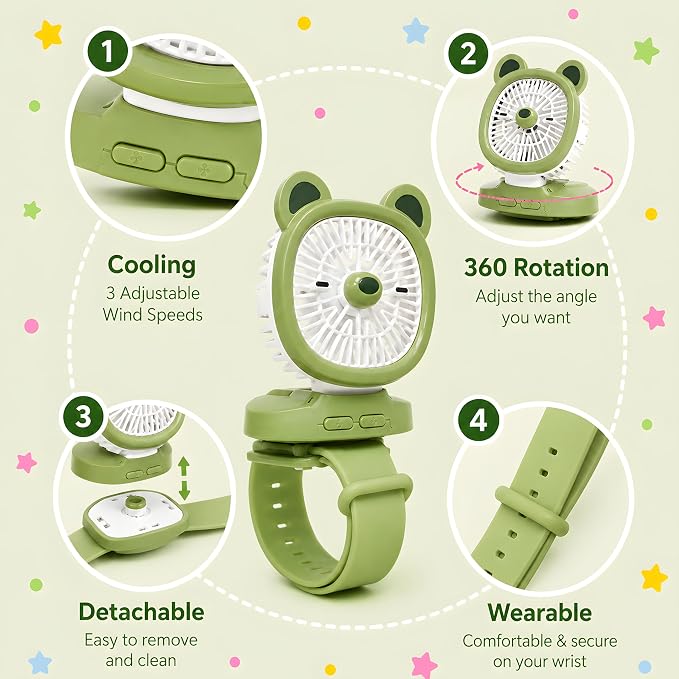 Personal Fan with Wrist Strap - Battery Operated, USB Rechargeable Fan Portable, LED Lights, 3 Adjustable Speed - Portable Fans for Kids Children Boys Girls Indoor Outdoor (Green)