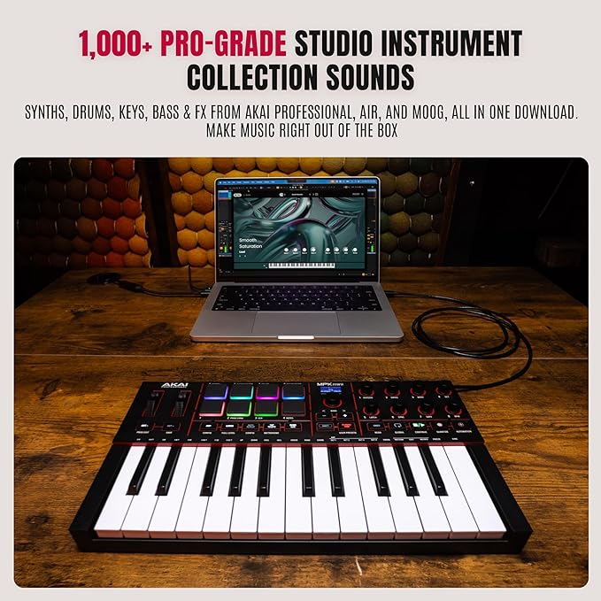 Akai Professional MPK Mini IV USB-C MIDI Keyboard Controller for Beginners and Producers - MPC Drum Pads, 360° Knobs, Pitch and Mod Wheels, Production Software, Native Instruments Sound Package, Black