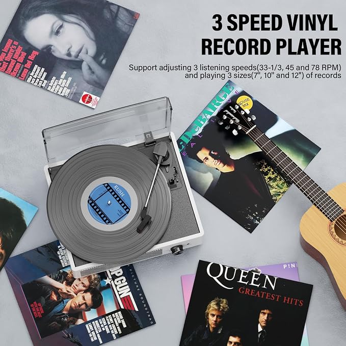 Record Player with Speakers Vintage Belt-Driven Turntable Bluetooth 3 Speed 3 Size Wireless Playback AUX-in RCA Out Headphone LP Vinyl Players Auto Stop Fashion White